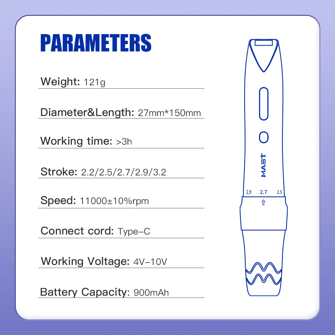 MAST P60 Wireless Tattoo Pen Machine With 2.2mm-3.2mm- purple