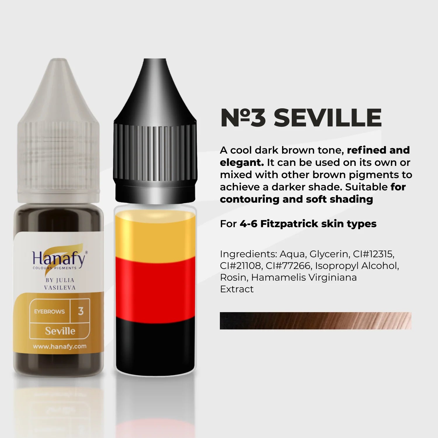 Hanafy eyeliner product with color swatch and description on a white background