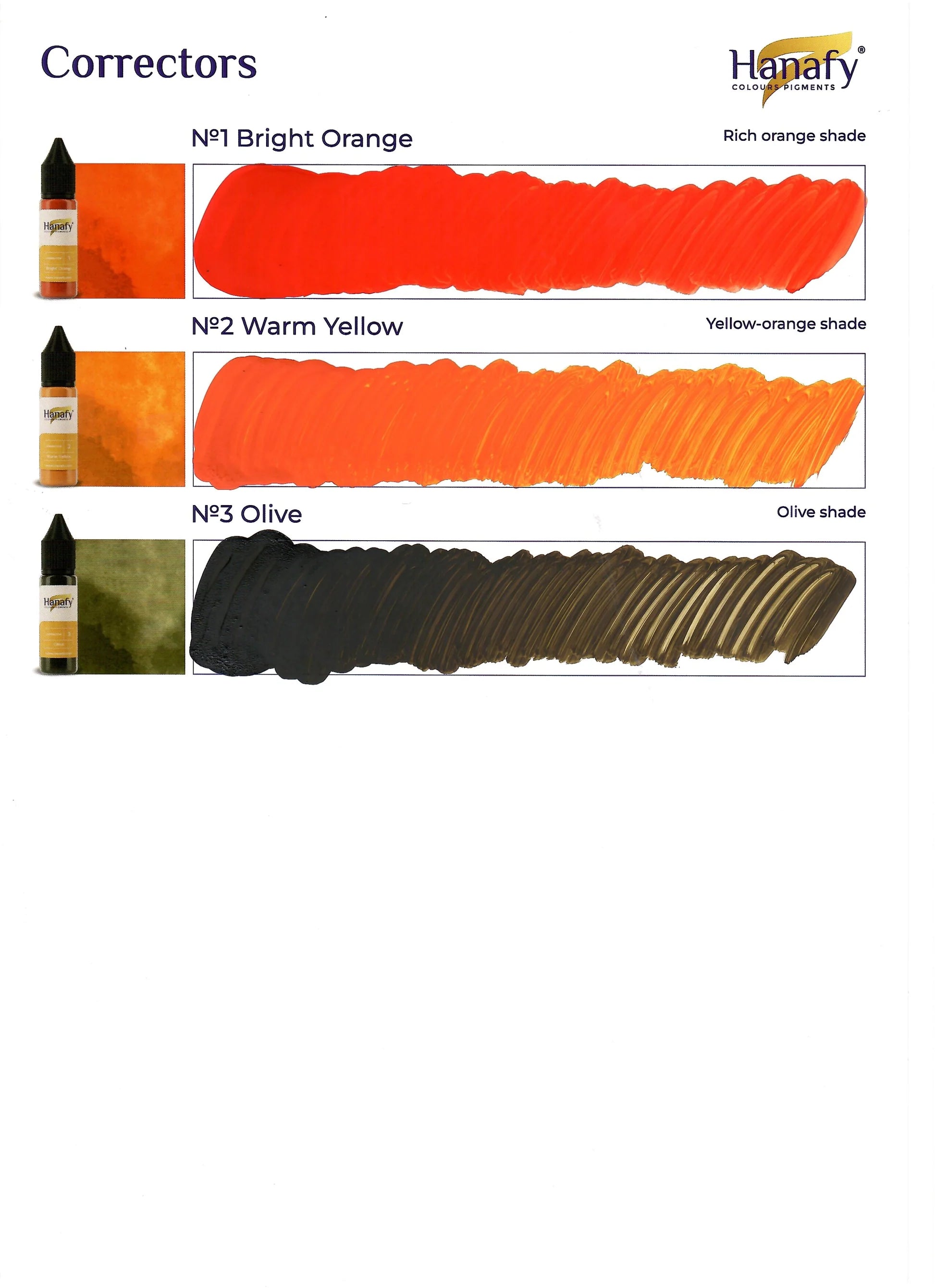 Color correction swatches for bright orange, warm yellow, and olive on a white background with Hanafy branding.