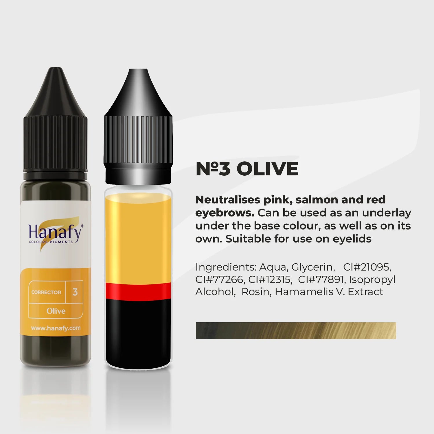 Hanafy colorant bottle with olive color swatch and description on a white background