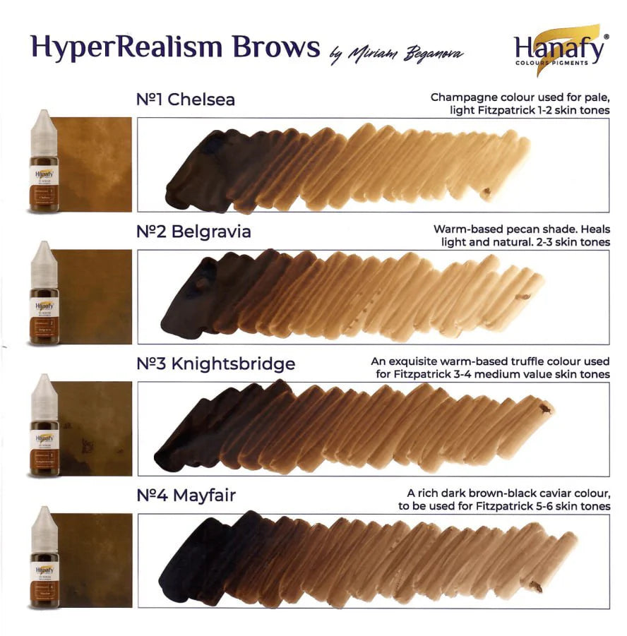 Color swatches for HyperRealism Brows by Hanafy with product names and color descriptions.