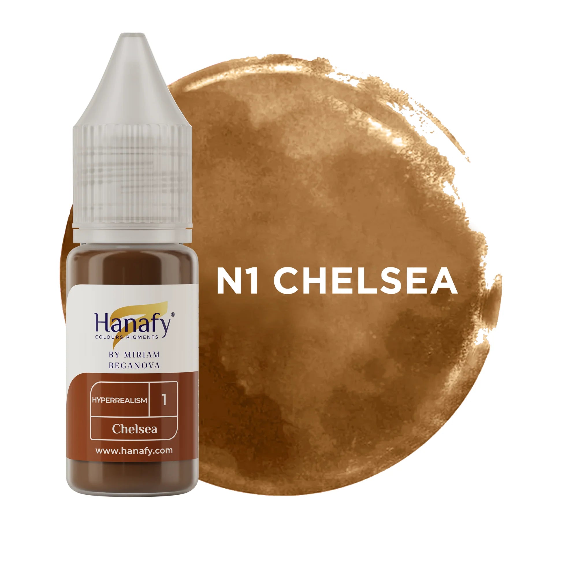 Hanafy color pigment bottle with a brown swatch labeled 'N1 Chelsea' on a white background