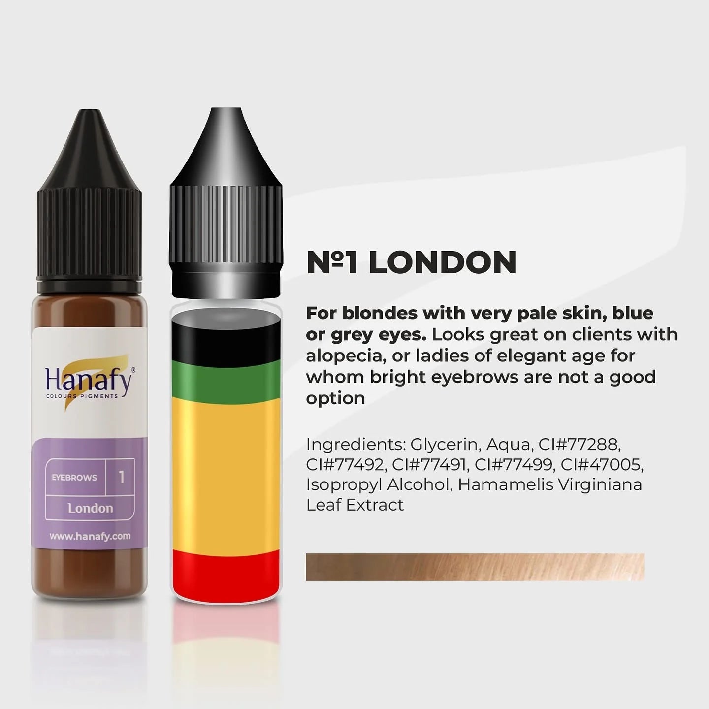 Two Hanafy eyebrow pigment bottles with color swatch and description on a white background