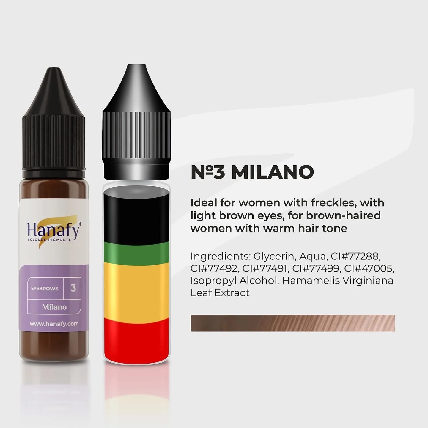 Two bottles of Hanafy color pigments with a description of 'No.3 Milano' on a white background.