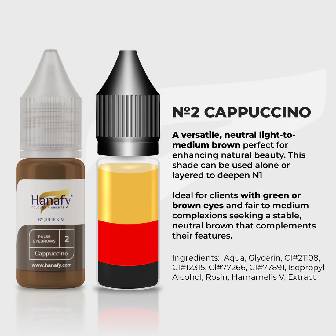 Two cosmetic bottles with a label describing 'No. 2 Cappuccino' color and its uses.