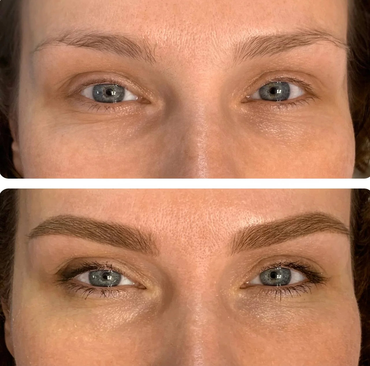 Before and after comparison of a woman's eyes with and without makeup.