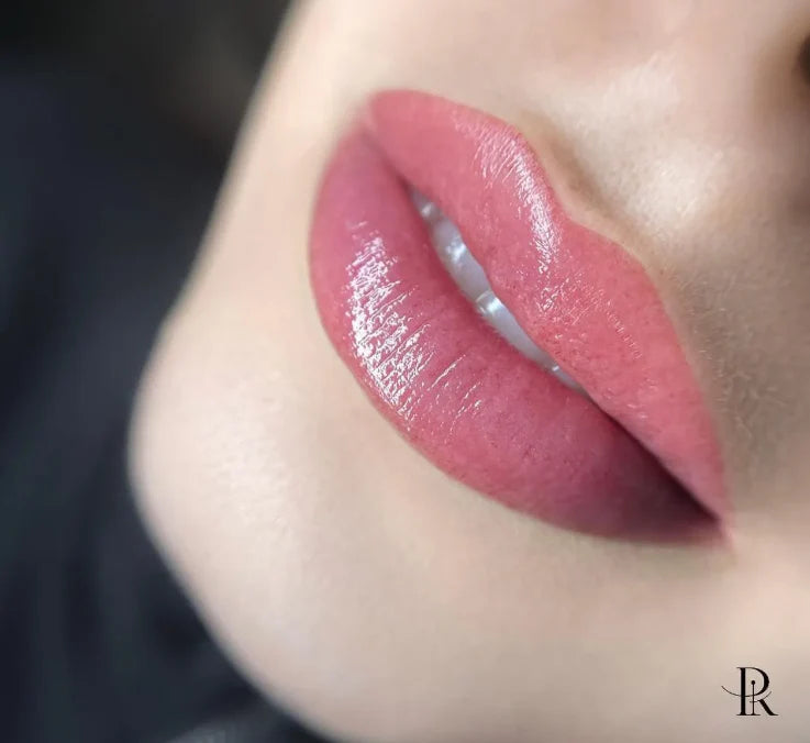 Close-up of a person's lips with pink lipstick, blurred background