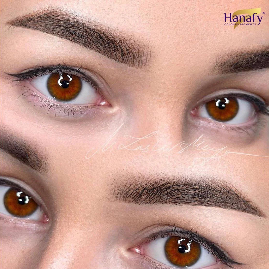 Close-up of a person's eyes with brown irises and black eyelashes, featuring the brand 'Hanafy'.