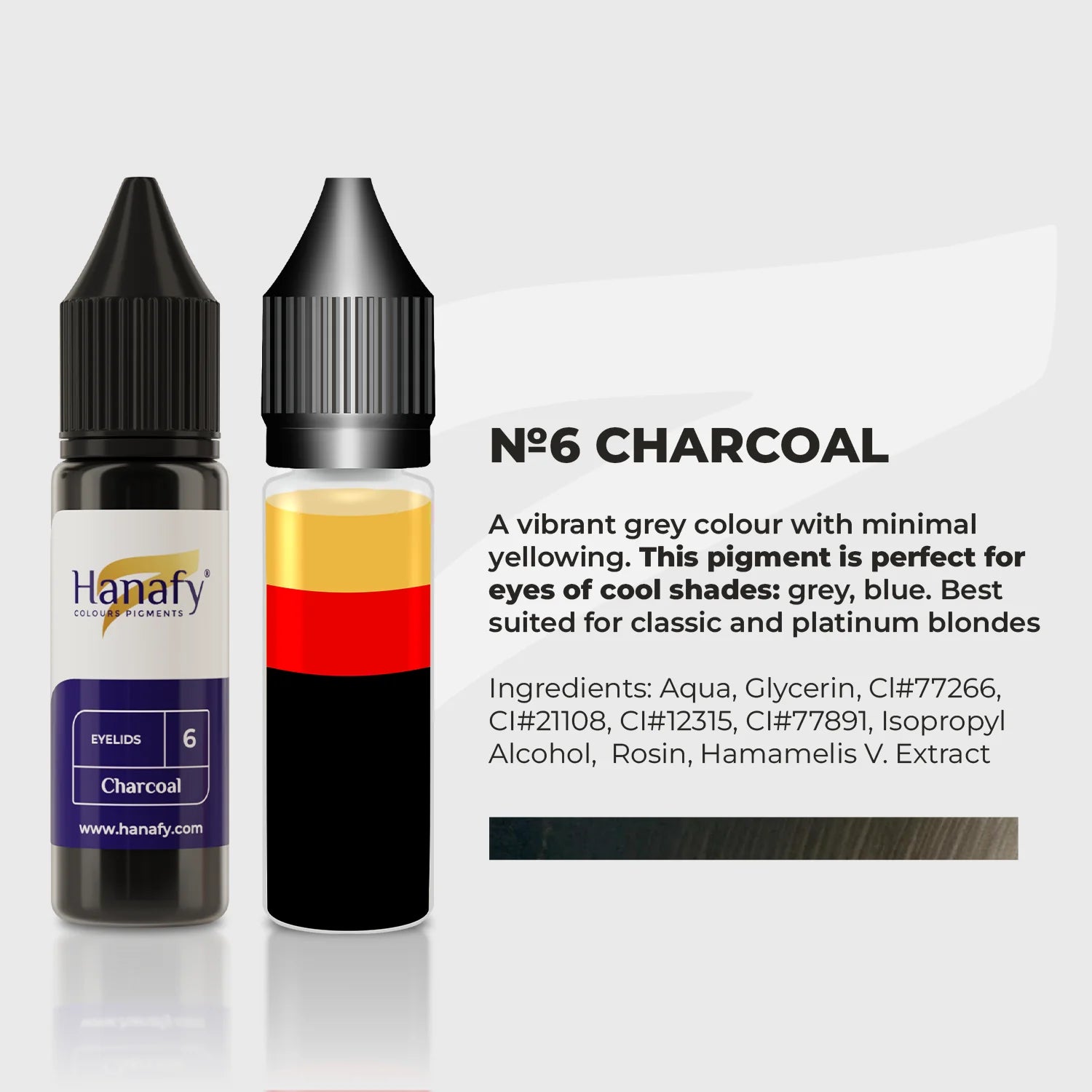Hanafy Charcoal pigment bottle with color swatch and text on a white background