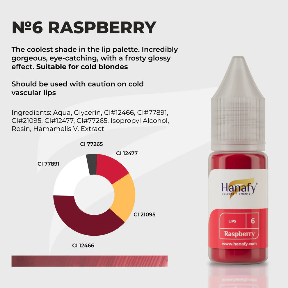 Hanafy lip colorant bottle with raspberry shade and product details on a white background