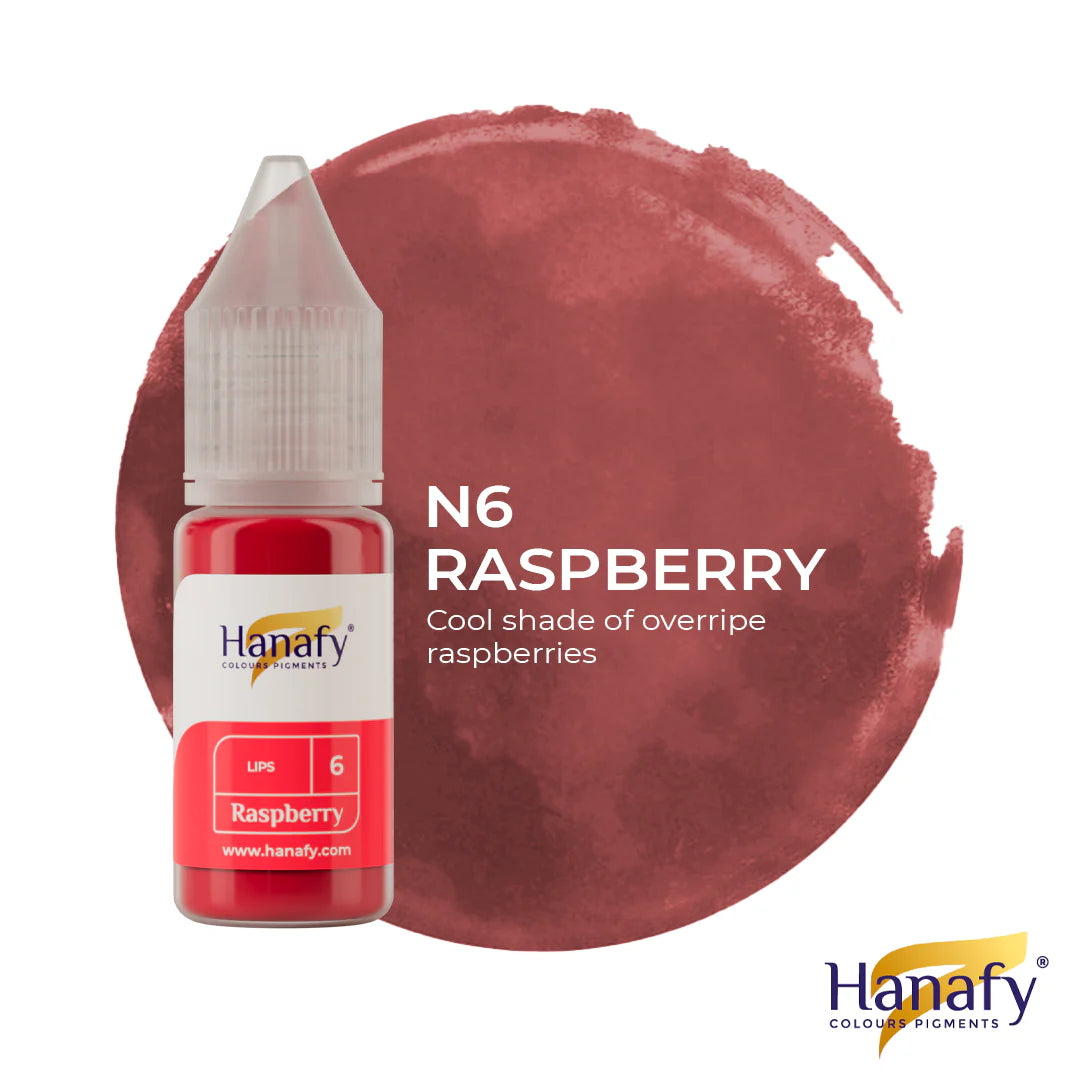 Hanafy N6 Raspberry color pigment bottle with a swatch of raspberry color on a white background