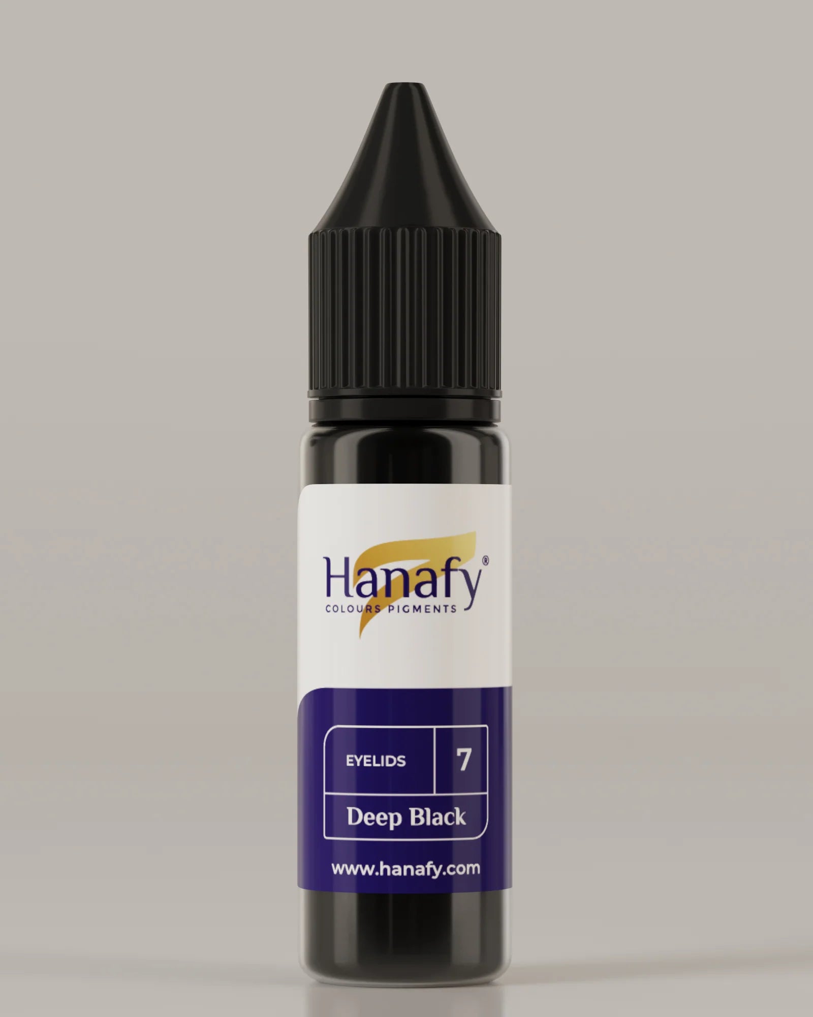 Hanafy eyelids pigment bottle labeled 'Deep Black' on a gray background