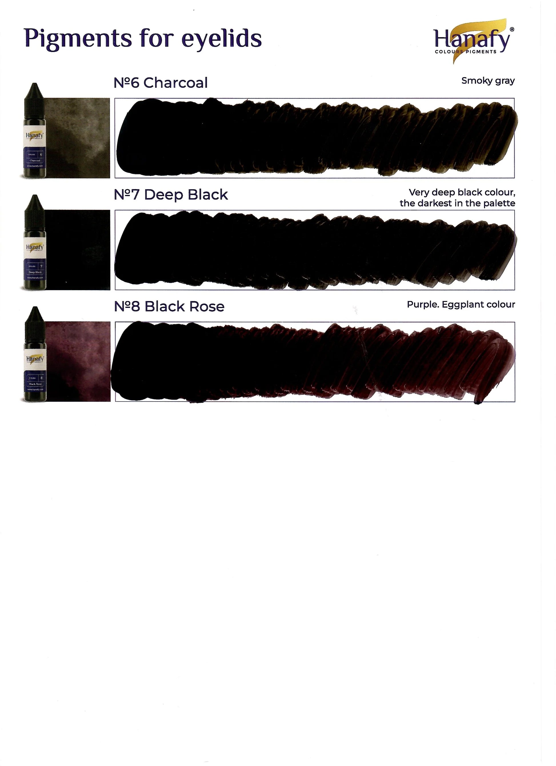 Color swatches of pigments for eyelids with brand name 'Hanan' at the top.