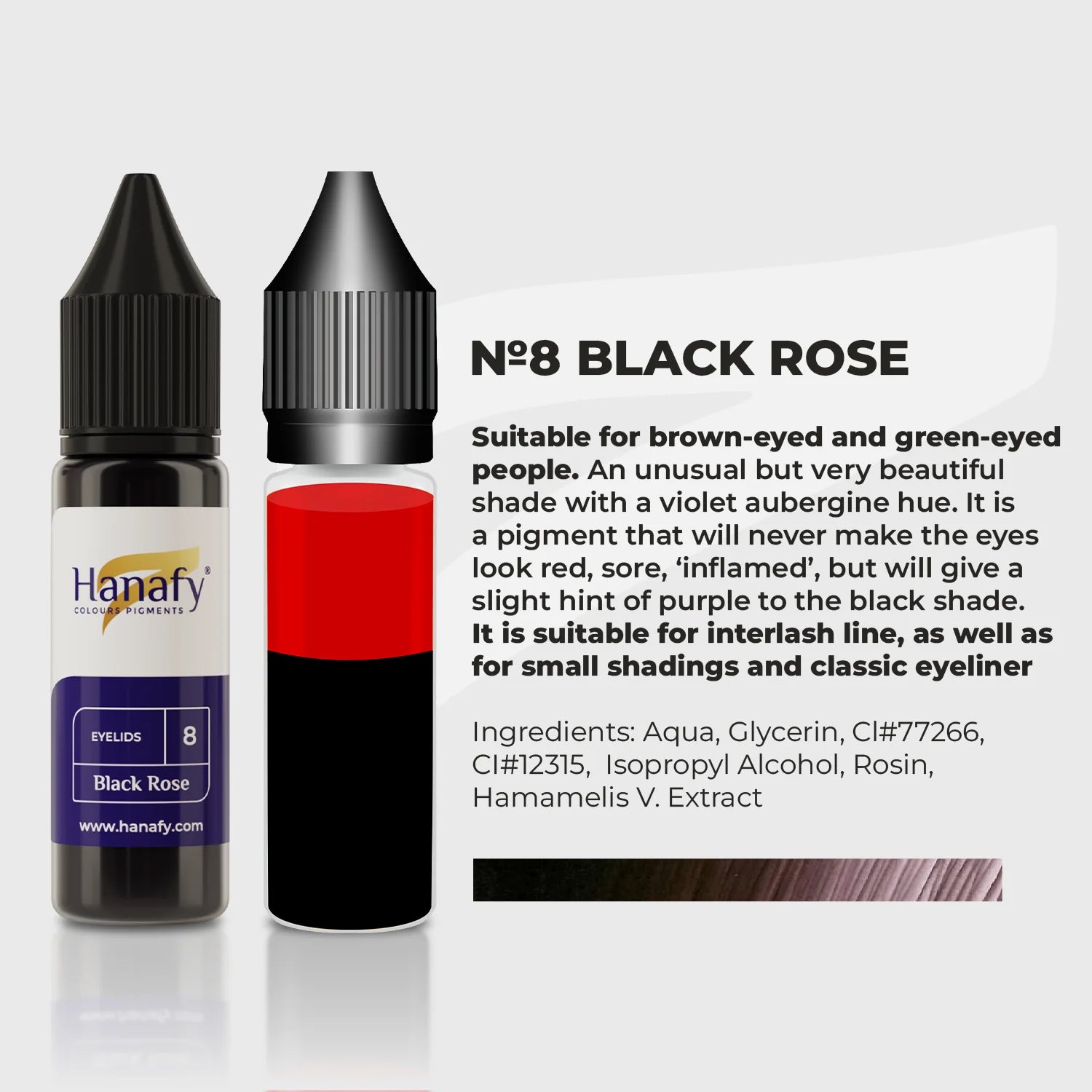 Hanafy Black Rose eye pigment bottle with product description on a white background