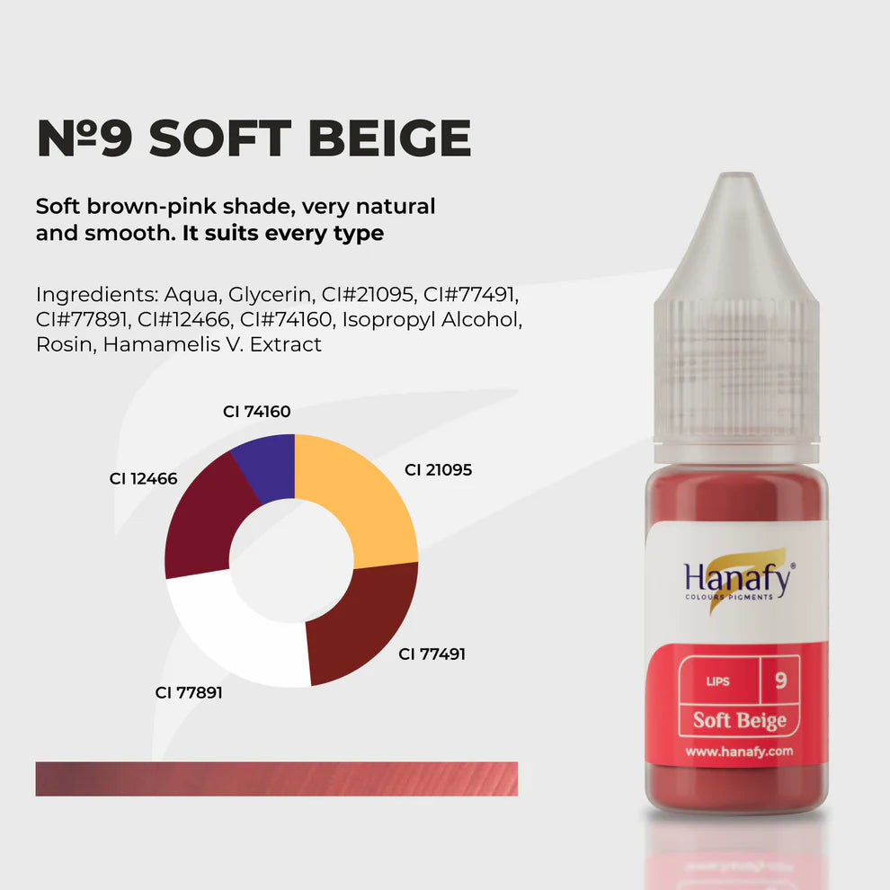 Bottle of Hanafy soft beige colorant with color swatch and ingredient list on a white background