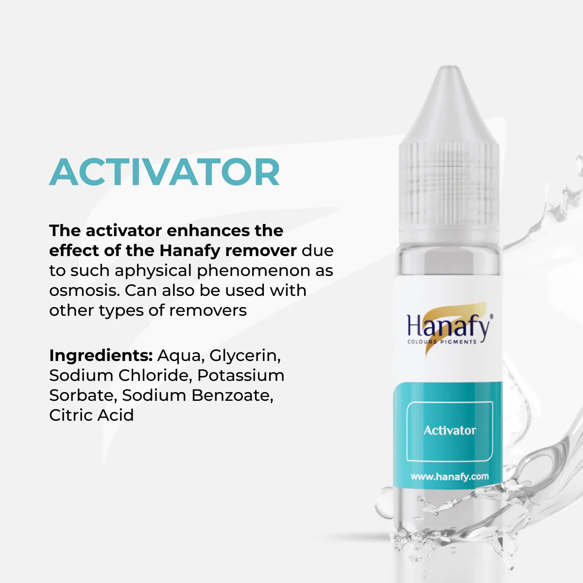 Hanafy Activator bottle with water splash on a white background