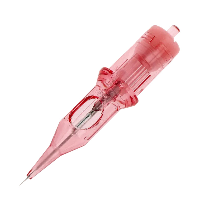 Pink tattoo needle cartridge on a white background
