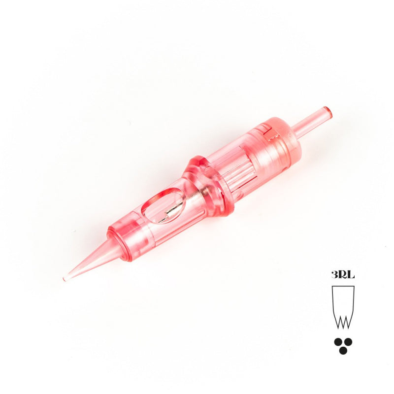 A single pink-colored Kwadron PMU Optima tattoo cartridge with a needle, displayed against a white background.