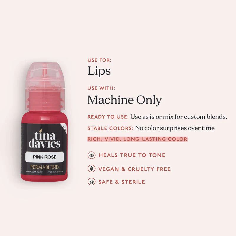 Bottle of tina davis lip product with text on a white background