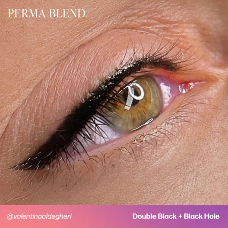 Close-up of an eye with makeup, featuring 'Perma Blend' products.