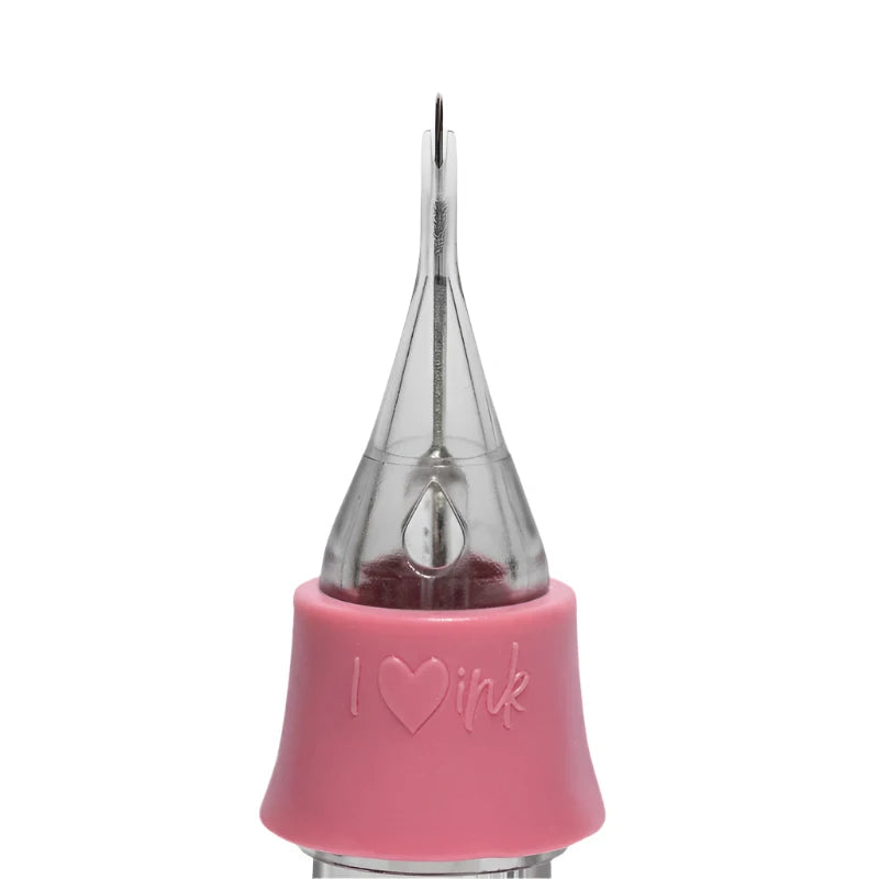 Pink tattoo needle cartridge with 'I ❤️ ink' text on a white background