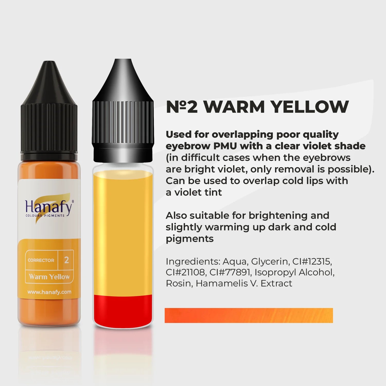 Two bottles of Hanafy warm yellow pigment with product details on a white background