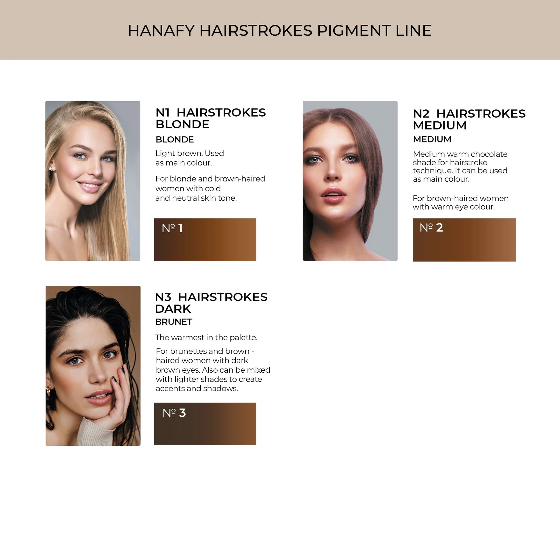 Hanafy Hairstrokes Pigment Line with three color options displayed on a beige background.