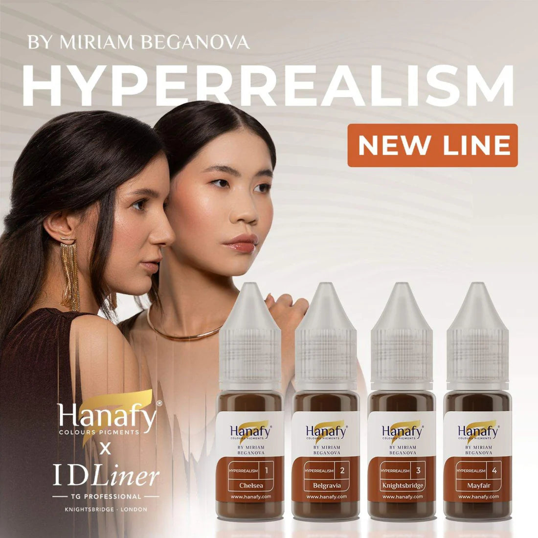 Hanafy cosmetic products with two women in the background, featuring the text 'Hyperrealism New Line' by Miriam Beganova.