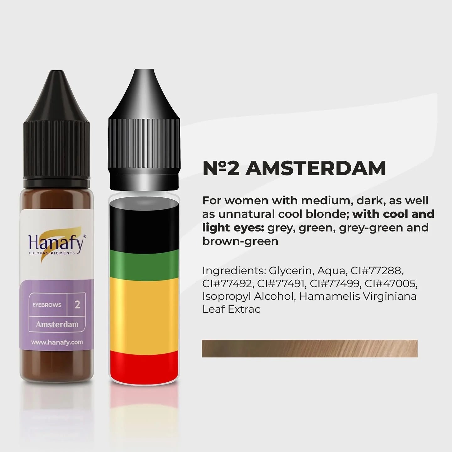 Hanafy hair color bottle with color swatch labeled 'No.2 Amsterdam' on a white background