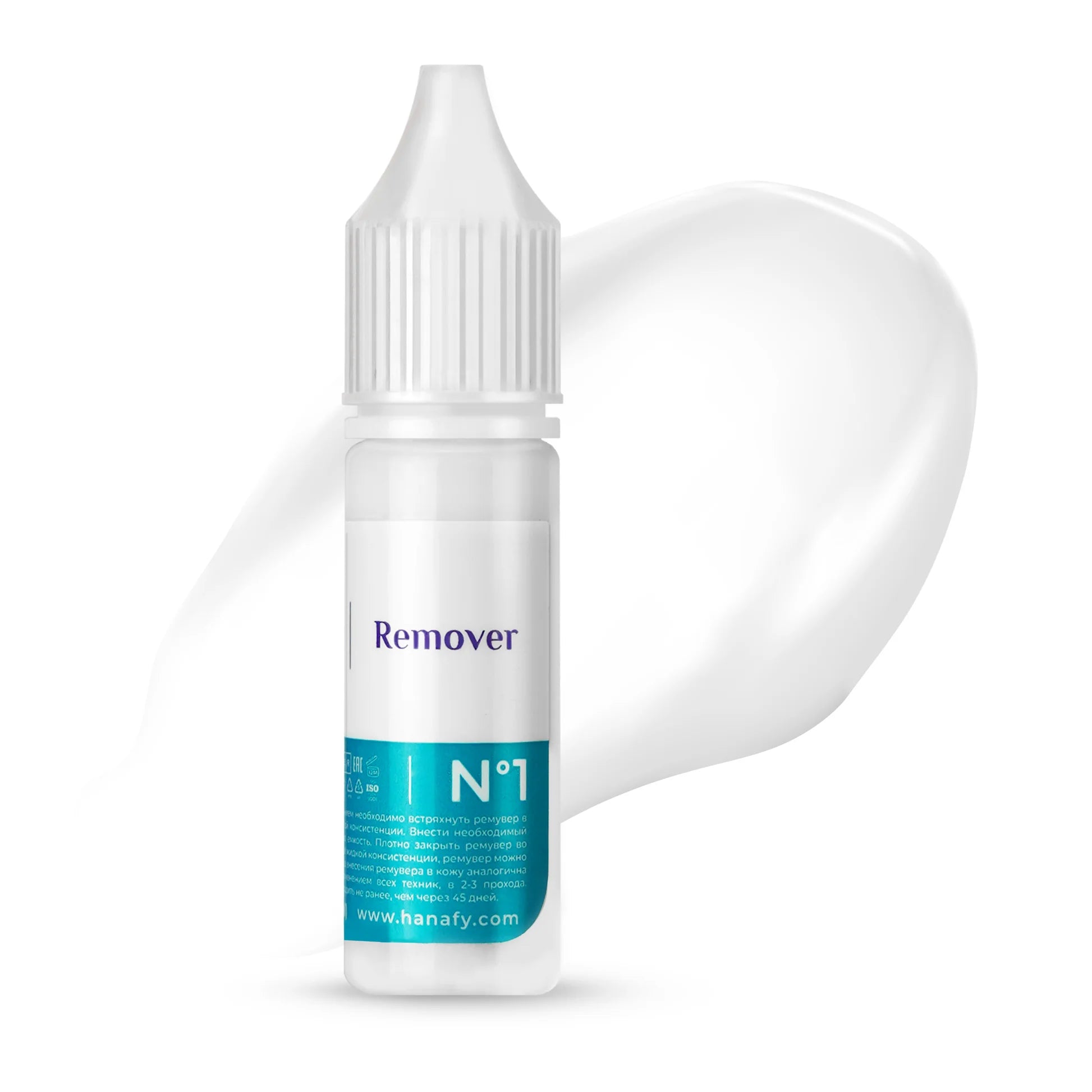 Bottle of 'Remover' with a white cap on a white background