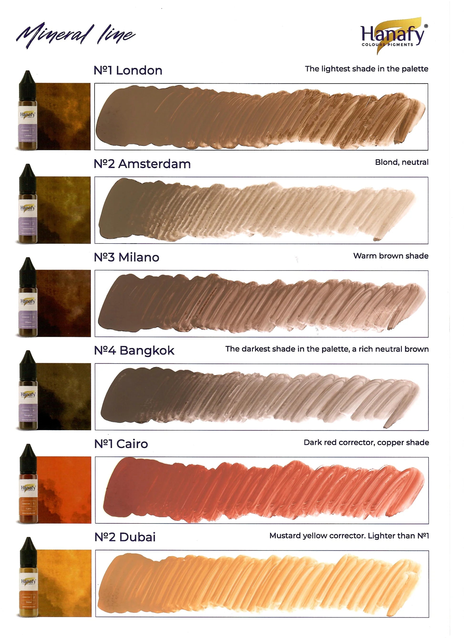 Color swatch chart for Henaff makeup with shades and names