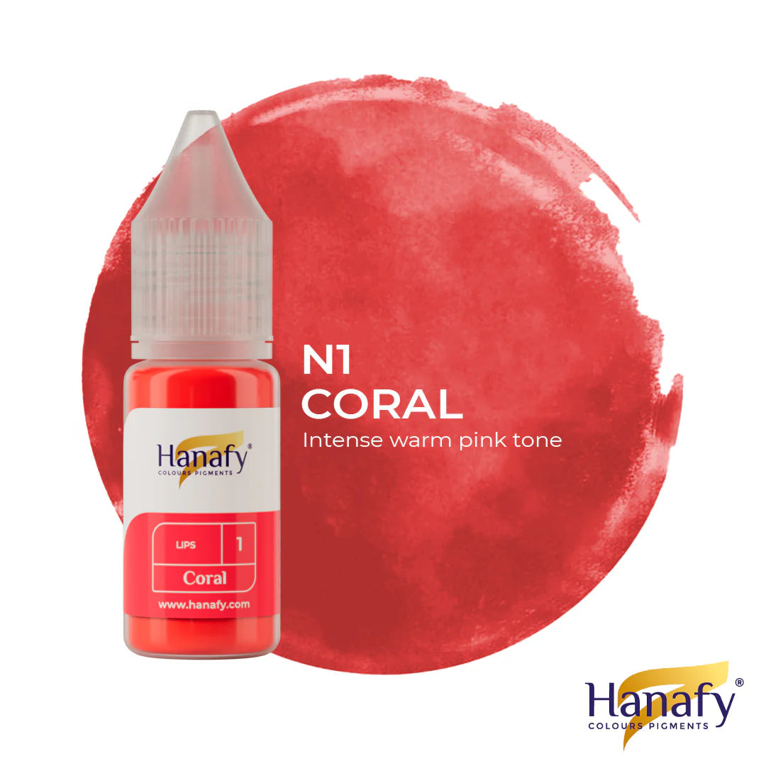 Hanafy Coral pigment bottle with a red color swatch on a white background