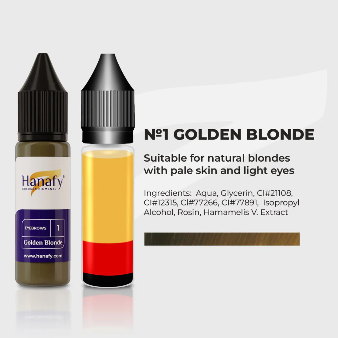 Two bottles of Hanafy color pigments with a description of 'No.1 Golden Blonde' on a white background.