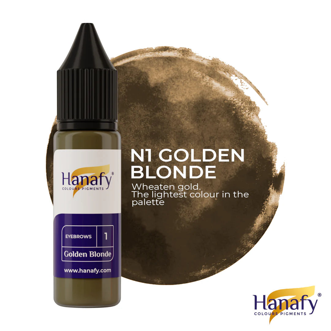 Hanafy N1 Golden Blonde colorant bottle with a swatch of color on a white background