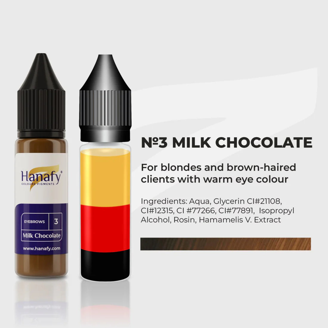 Two Hanafy pigments bottles labeled 'No.3 Milk Chocolate' on a white background with product details.
