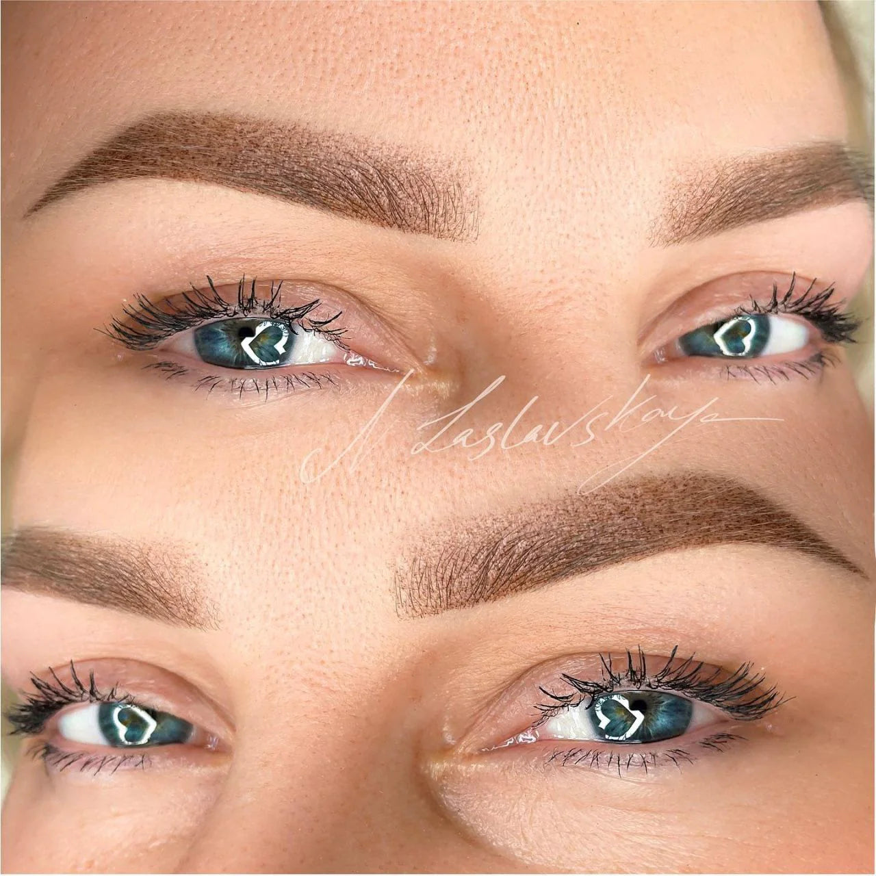 Close-up of a person's eyes with defined eyebrows and eyelashes, featuring the brand 'Lash Love'.