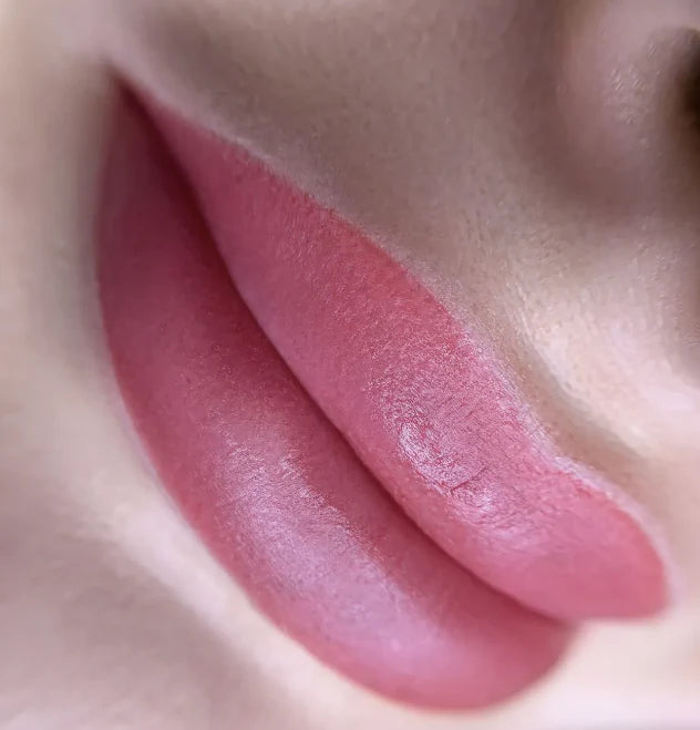 Close-up of a person's lips with a soft pink lipstick