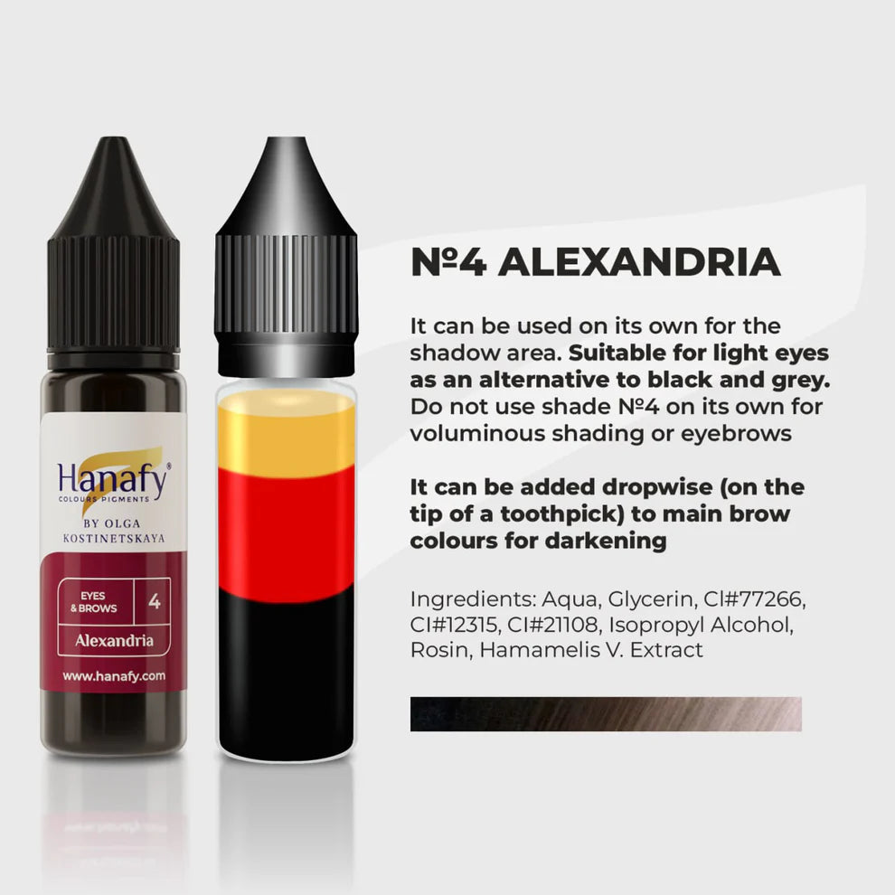 Two Hanafy eyebrow dye bottles with product details on a white background