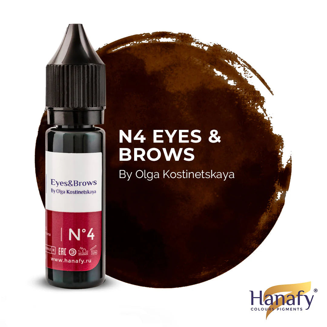 Bottle of 'N4 Eyes & Brows' by Olga Kostinetskaya with a brown color swatch on a white background.