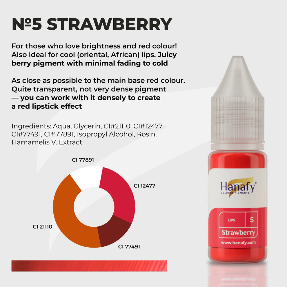 Hanafy strawberry lipstick pigment with color chart and product details on a white background