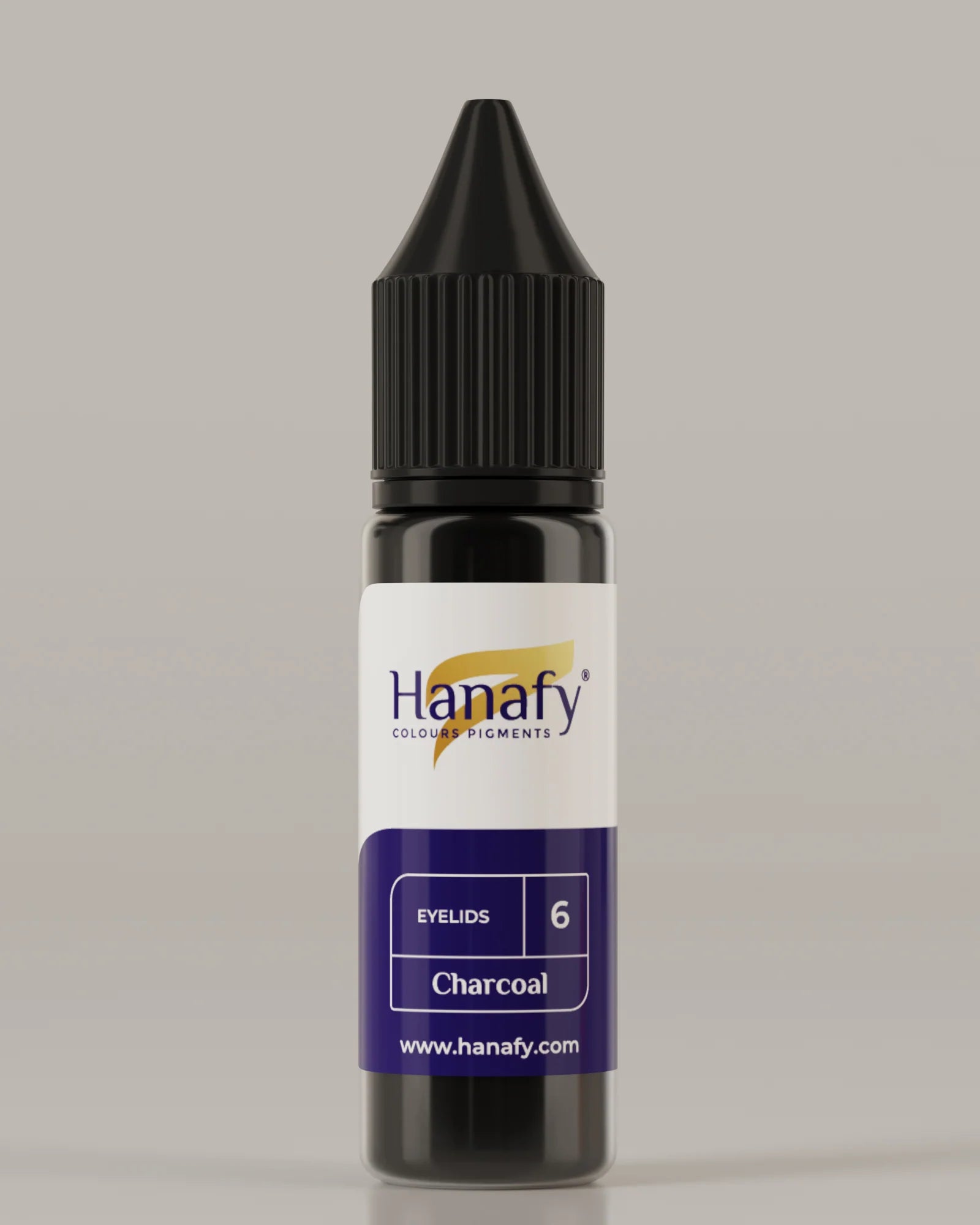 Hanafy eyelids pigment bottle with black cap and white label on a gray background