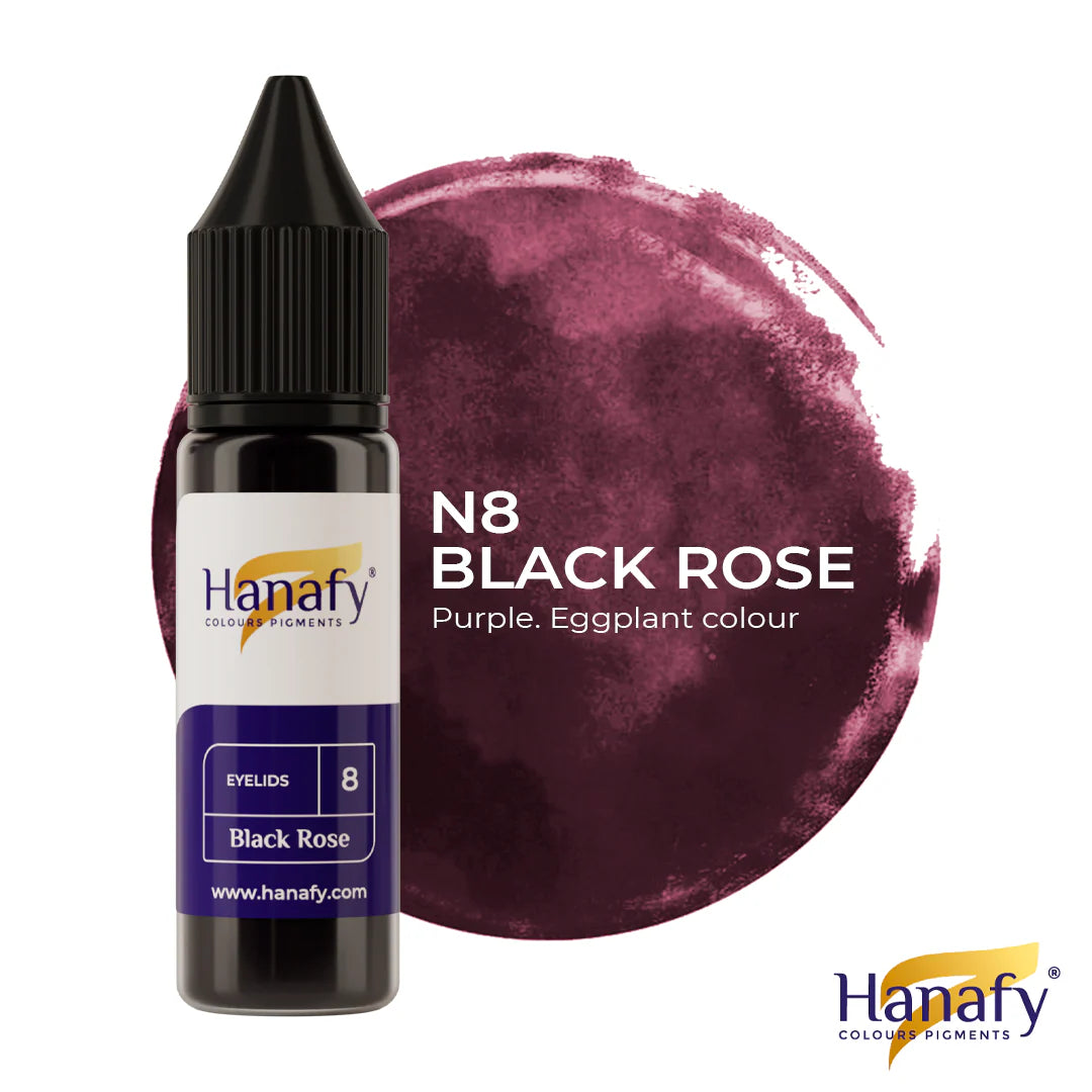 Hanafy N8 Black Rose colorant bottle with a swatch of purple color on a white background