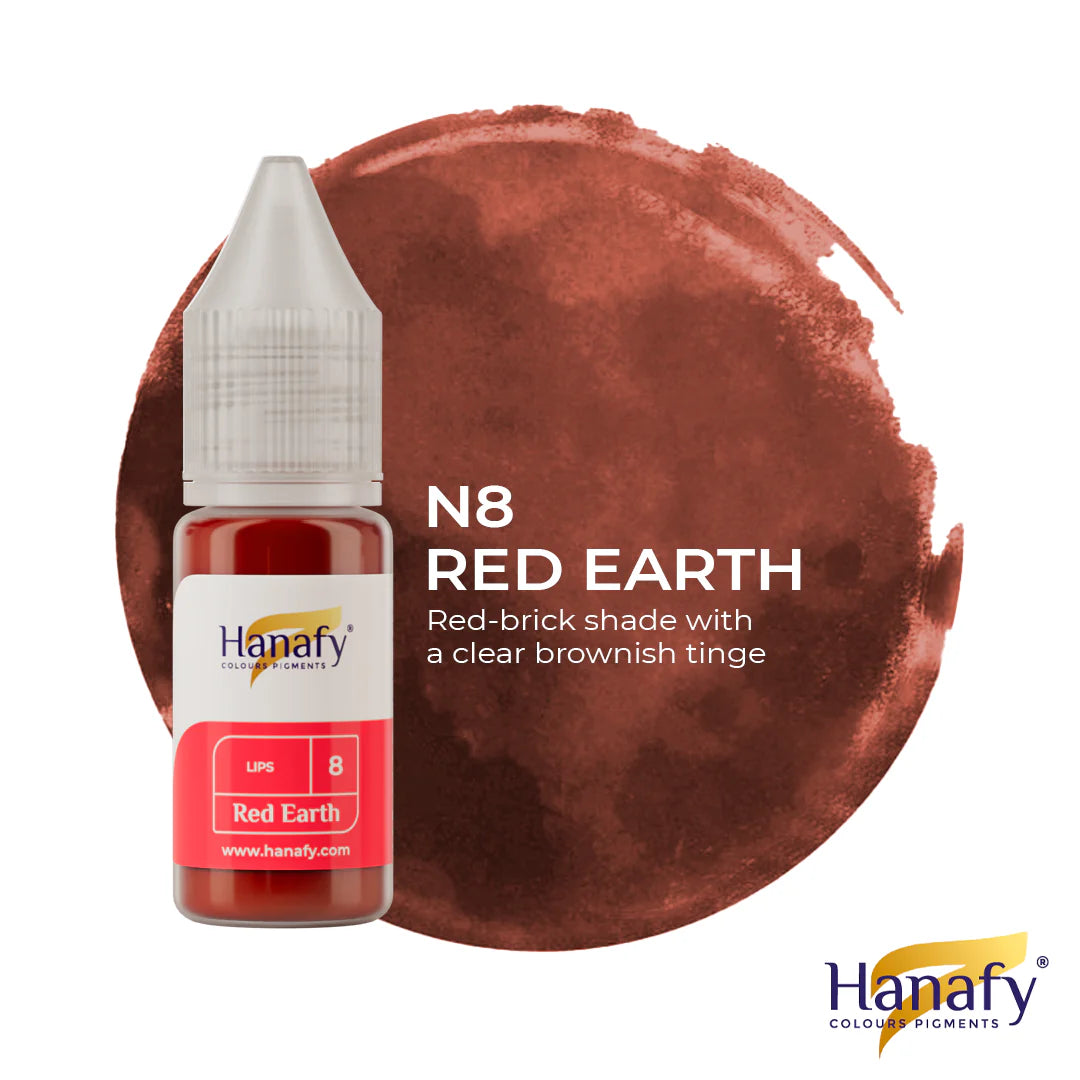 Hanafy N8 Red Earth colorant bottle with a red-brick shade swatch on a white background