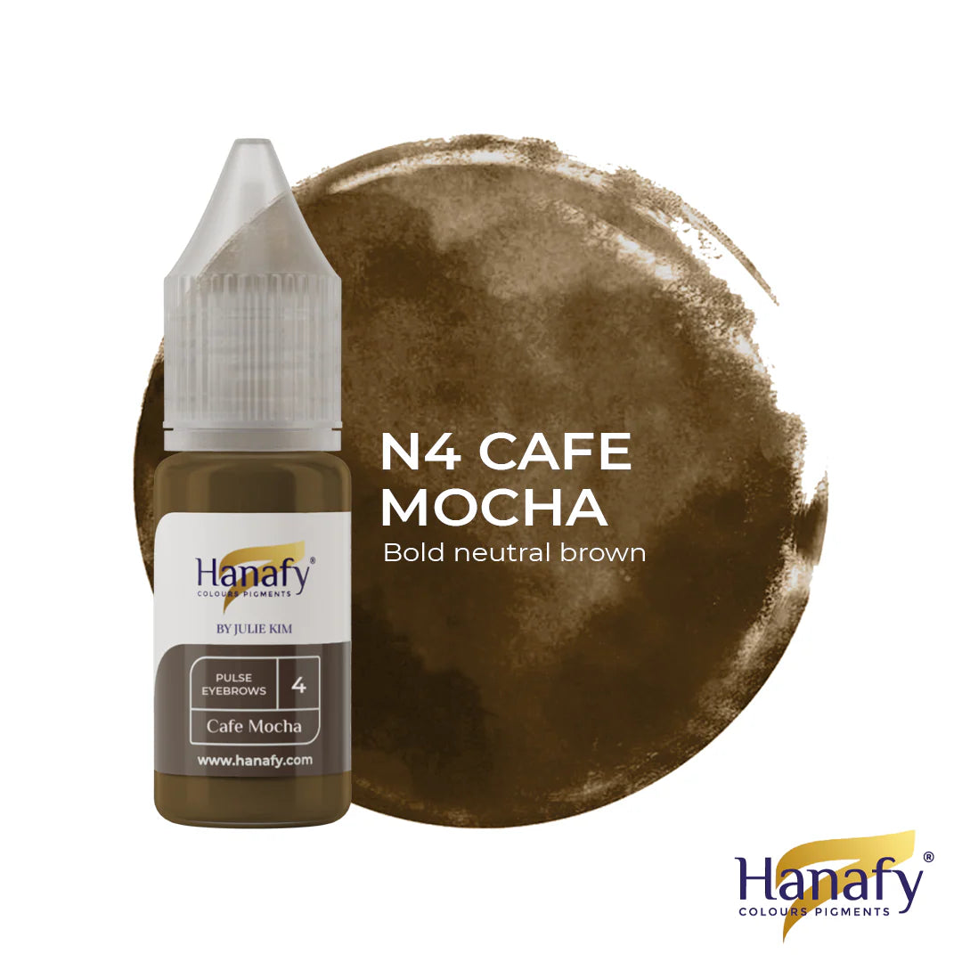 Hanafy Cafe Mocha color swatch with bottle on a white background