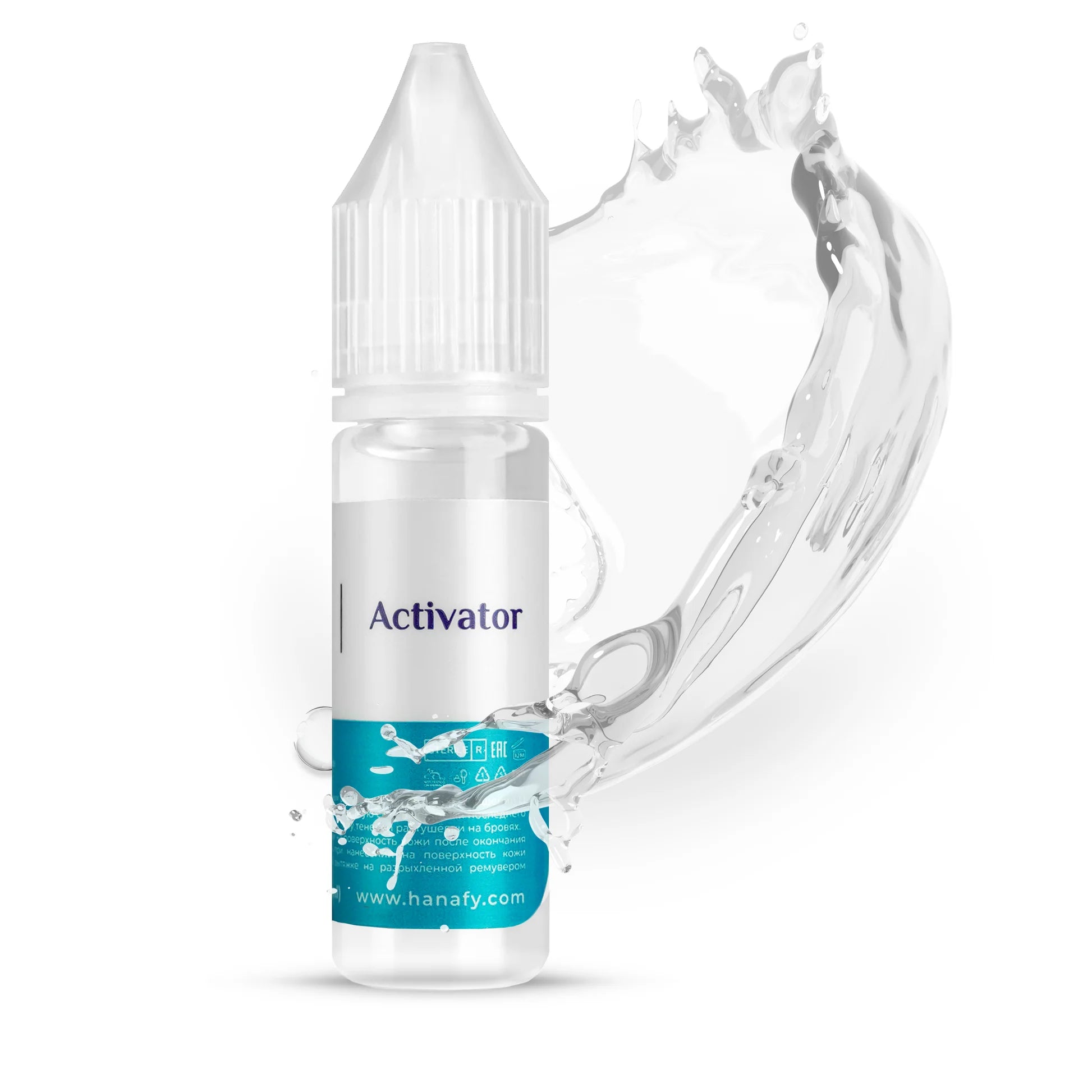 Bottle labeled 'Activator' with a splash effect on a white background