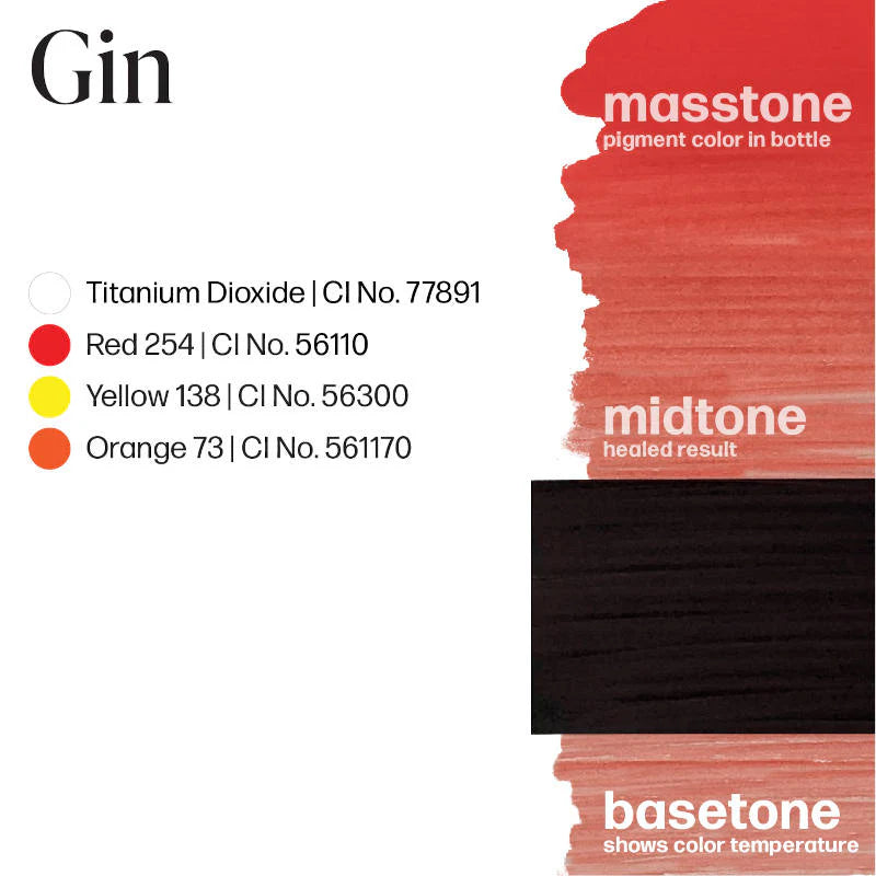 Color swatch chart for 'Gin' with pigment color names and codes on a white background