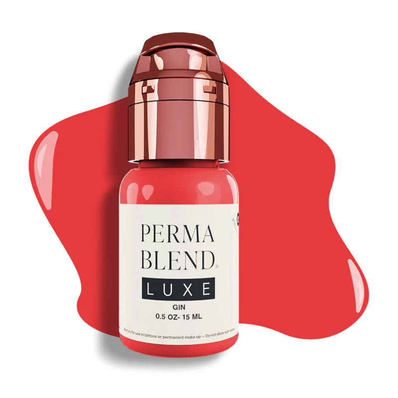 Perma Blend Luxe gin bottle with red color swatch on a white background