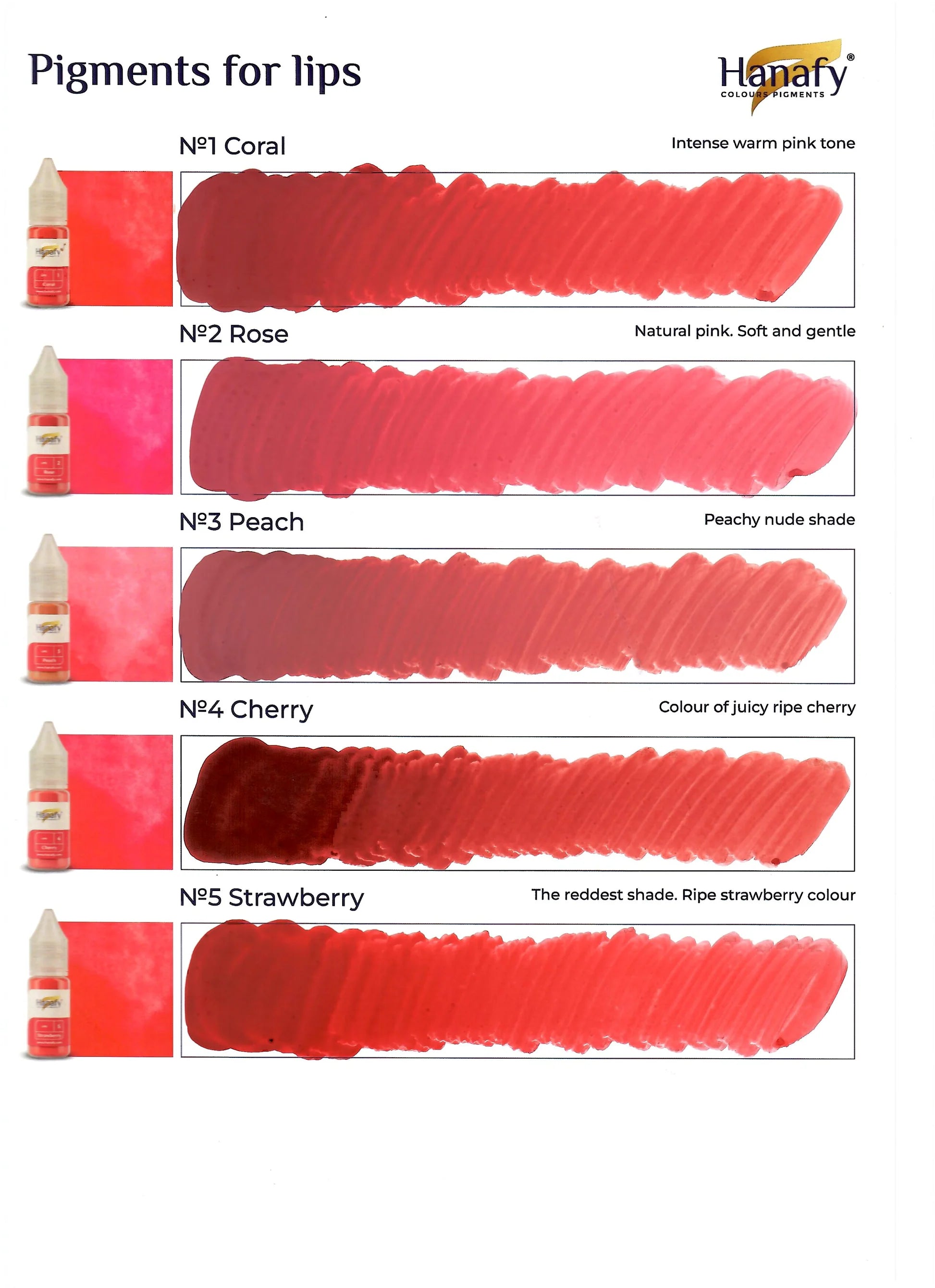 Color swatches of lip pigments with corresponding names and descriptions on a white background.