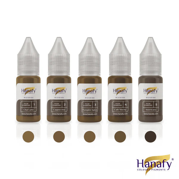 Five bottles of Hanafy color pigments with visible color swatches on a white background.