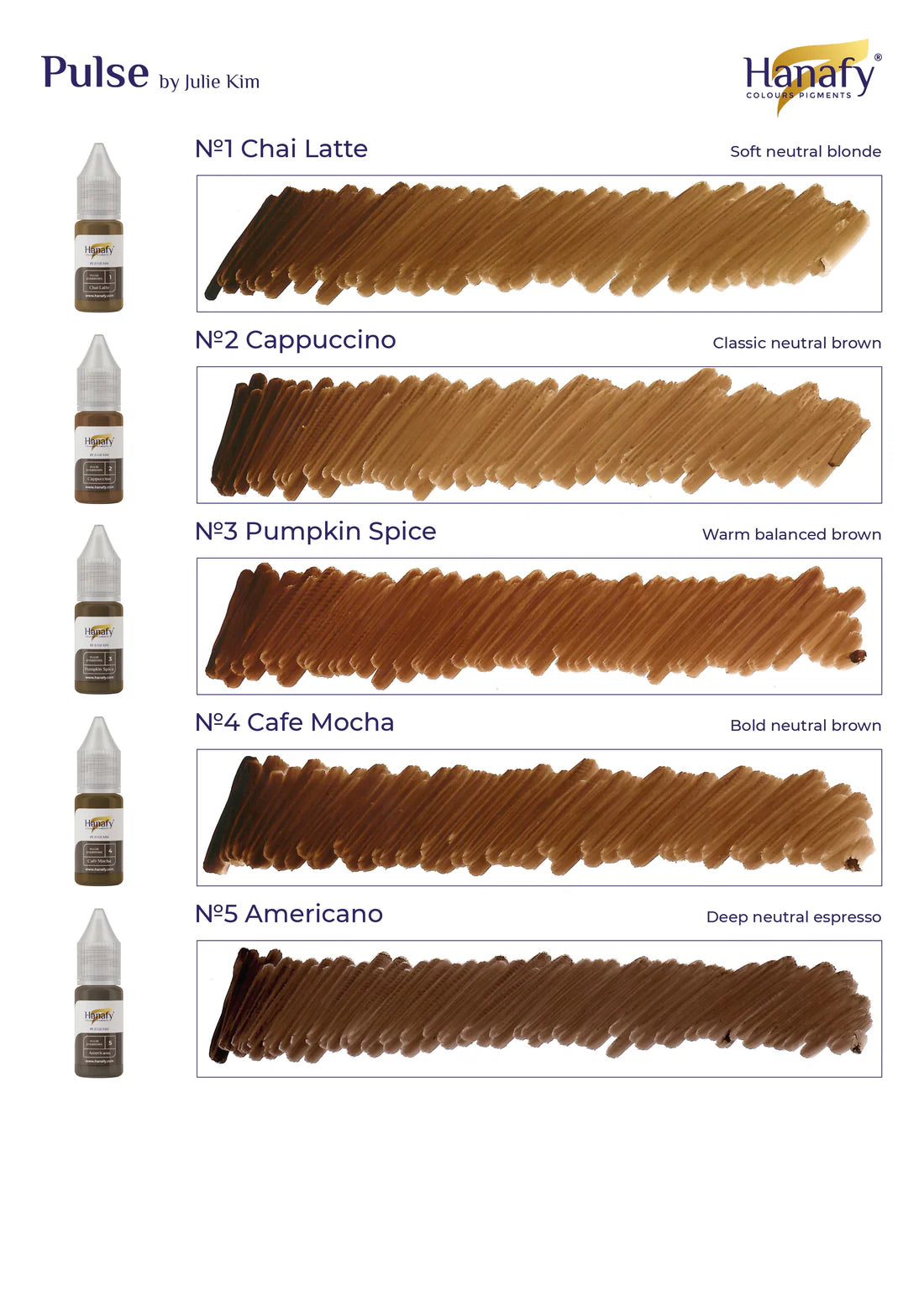 Hair color chart by Hanafy with shades of brown and corresponding names.
